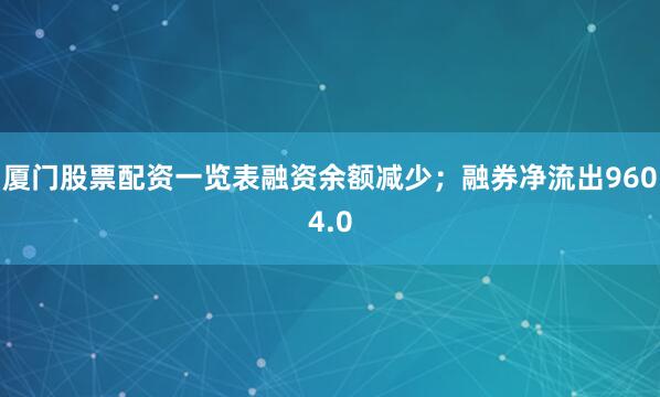 厦门股票配资一览表融资余额减少；融券净流出9604.0